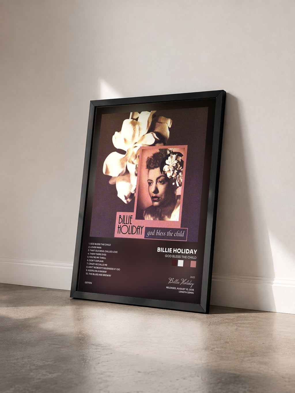 #noir God Bless The Child von Billie Holiday als gerahmter Kunstdruck von schräg gesehen, schwarzer Rahmen