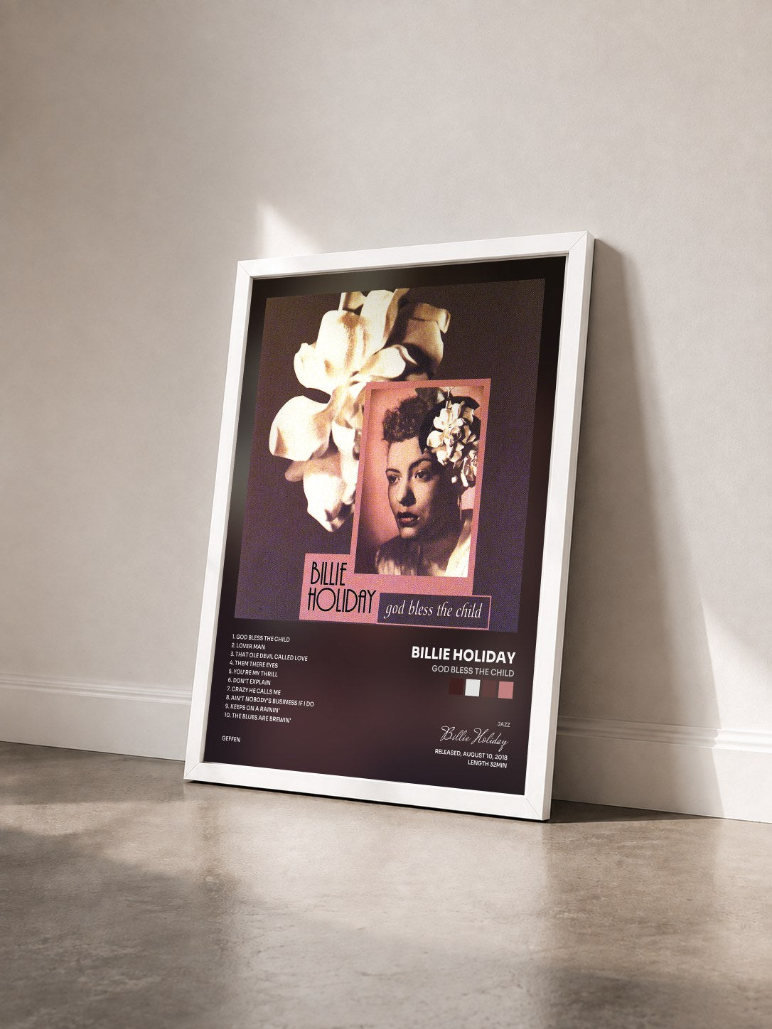 #blanc Tableau de l'album God Bless The Child de Billie Holiday vu de trois quarts, cadre blanc