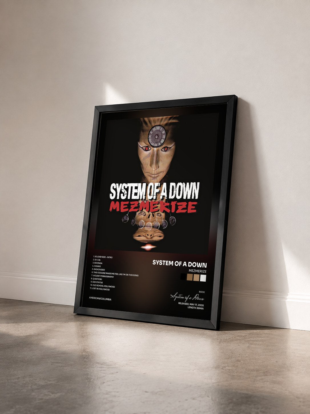 #noir Tableau de l'album Mezmerize de System of a Down vu de trois quarts, cadre noir