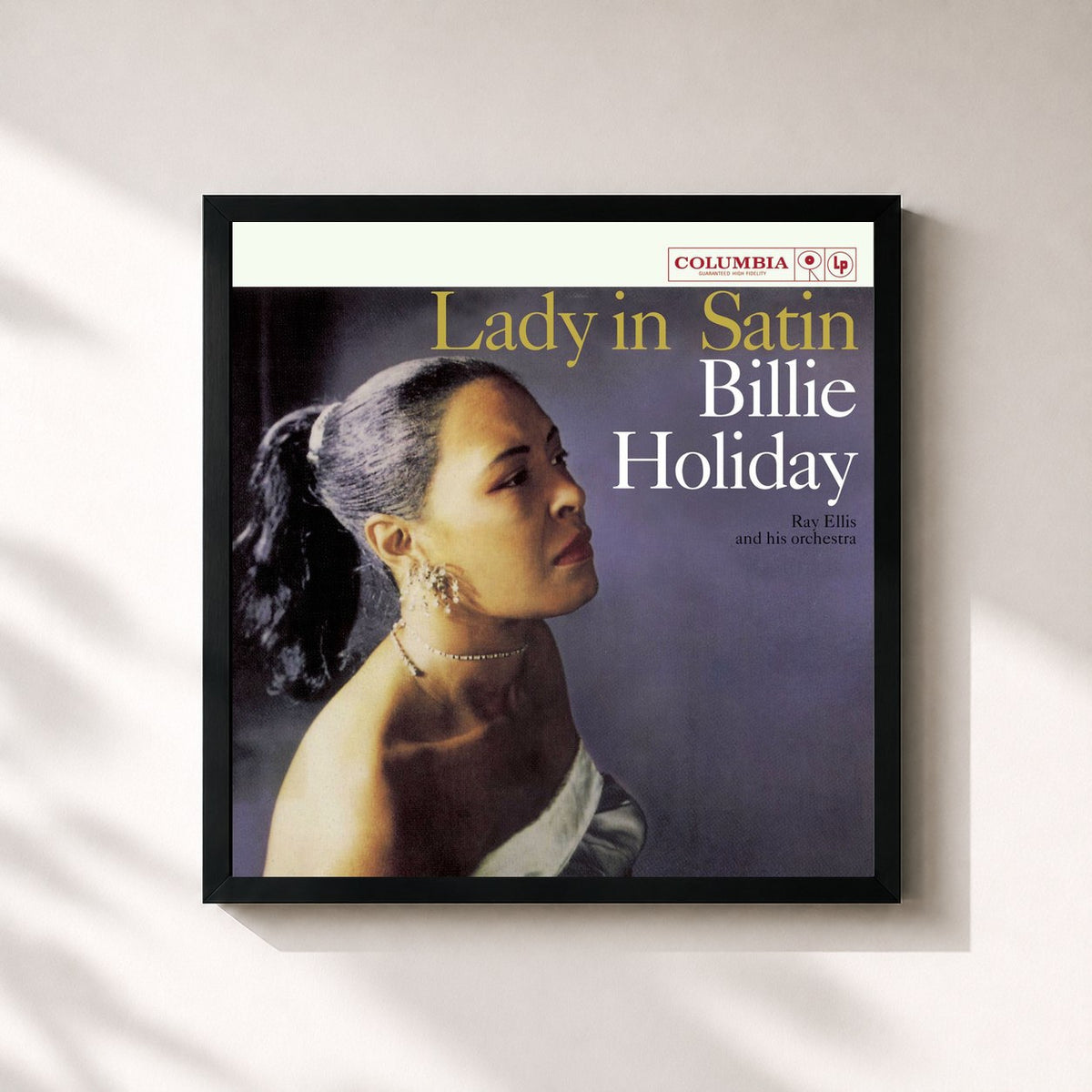 #noir Tableau carré de l'album Lady In Satin de Billie Holiday, cadre noir 32x32 cm