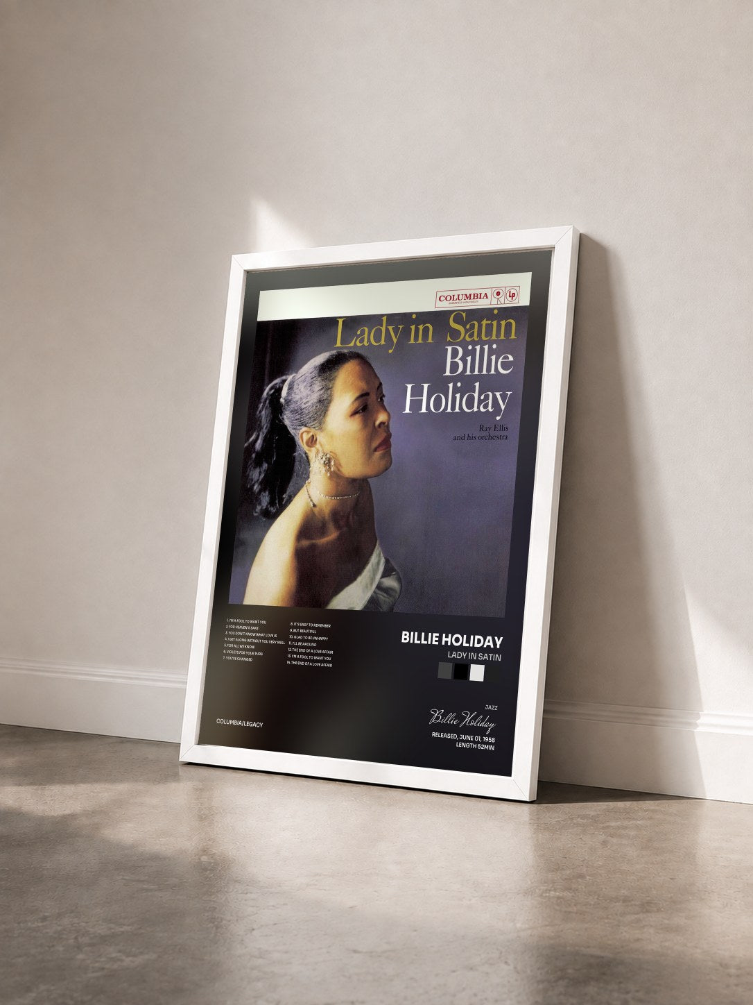 #blanc Tableau de l'album Lady In Satin de Billie Holiday vu de trois quarts, cadre blanc