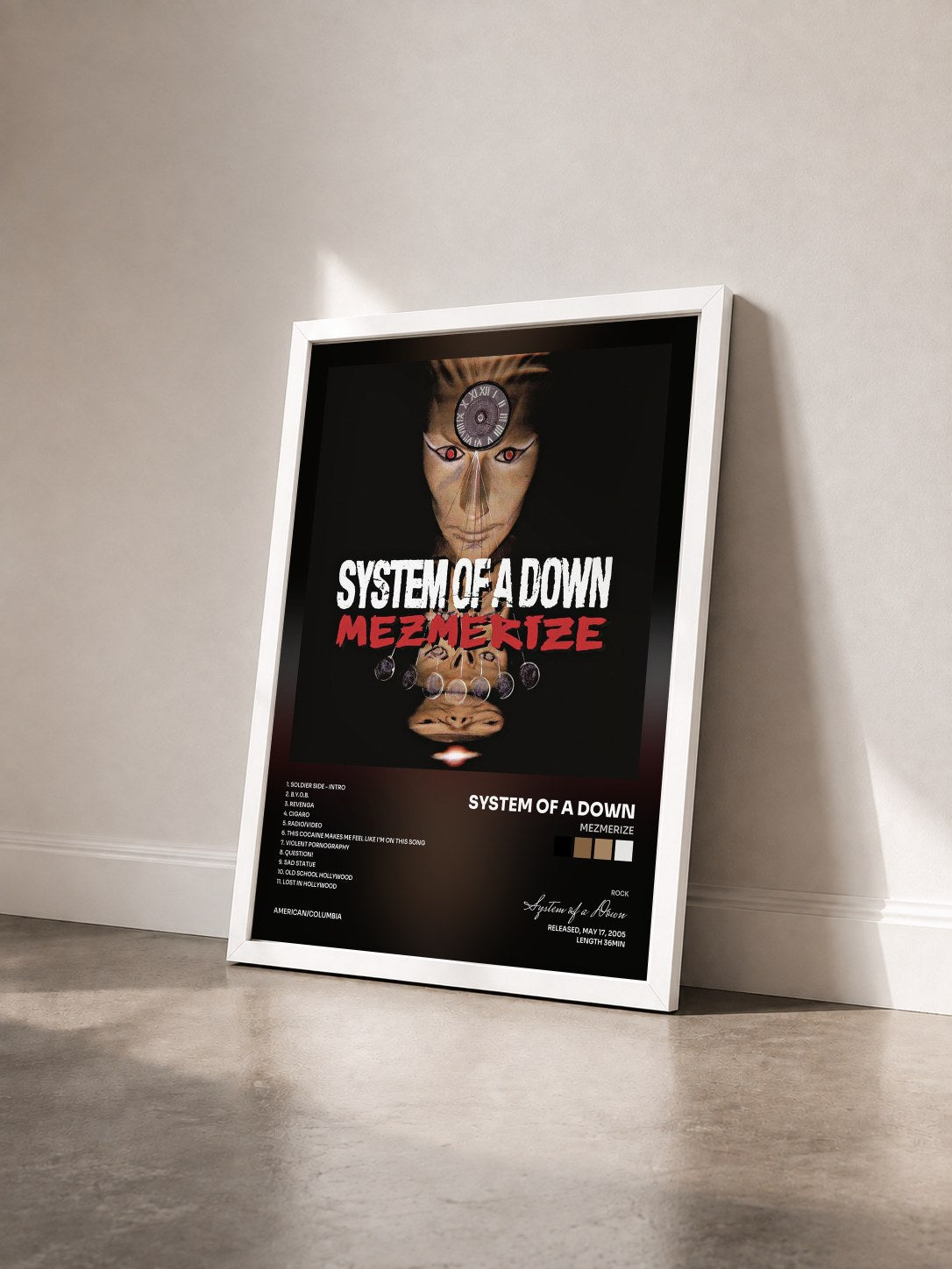#blanc Tableau de l'album Mezmerize de System of a Down vu de trois quarts, cadre blanc