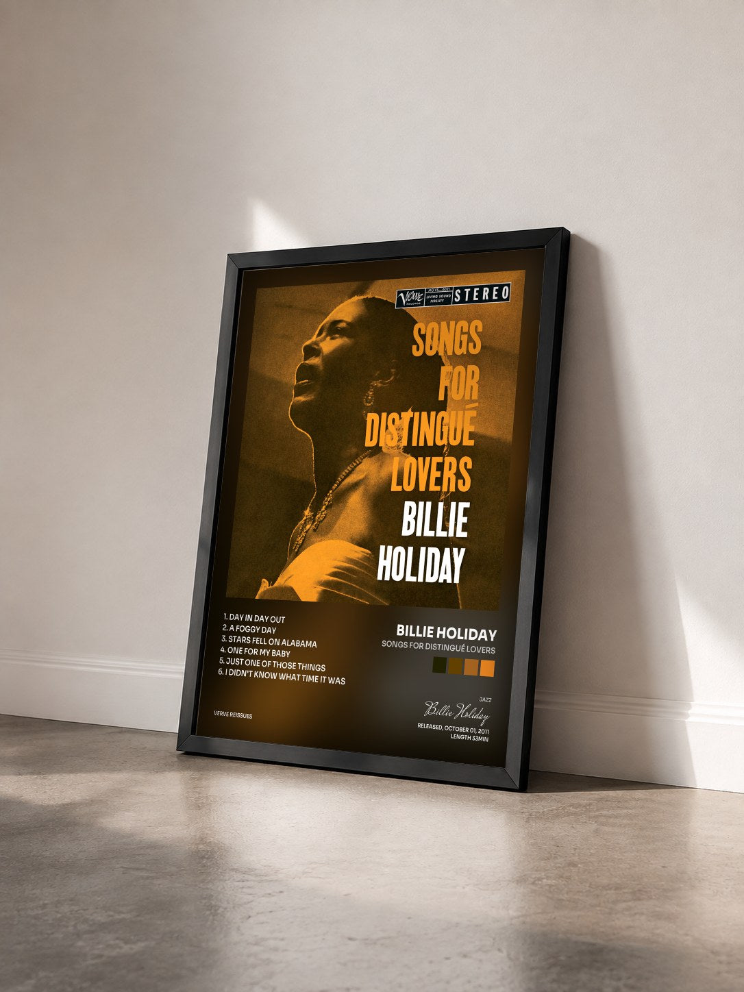 #noir Tableau de l'album Songs For Distingué Lovers de Billie Holiday vu de trois quarts, cadre noir