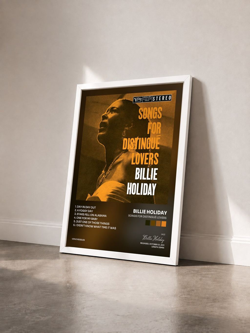 #blanc Tableau de l'album Songs For Distingué Lovers de Billie Holiday vu de trois quarts, cadre blanc