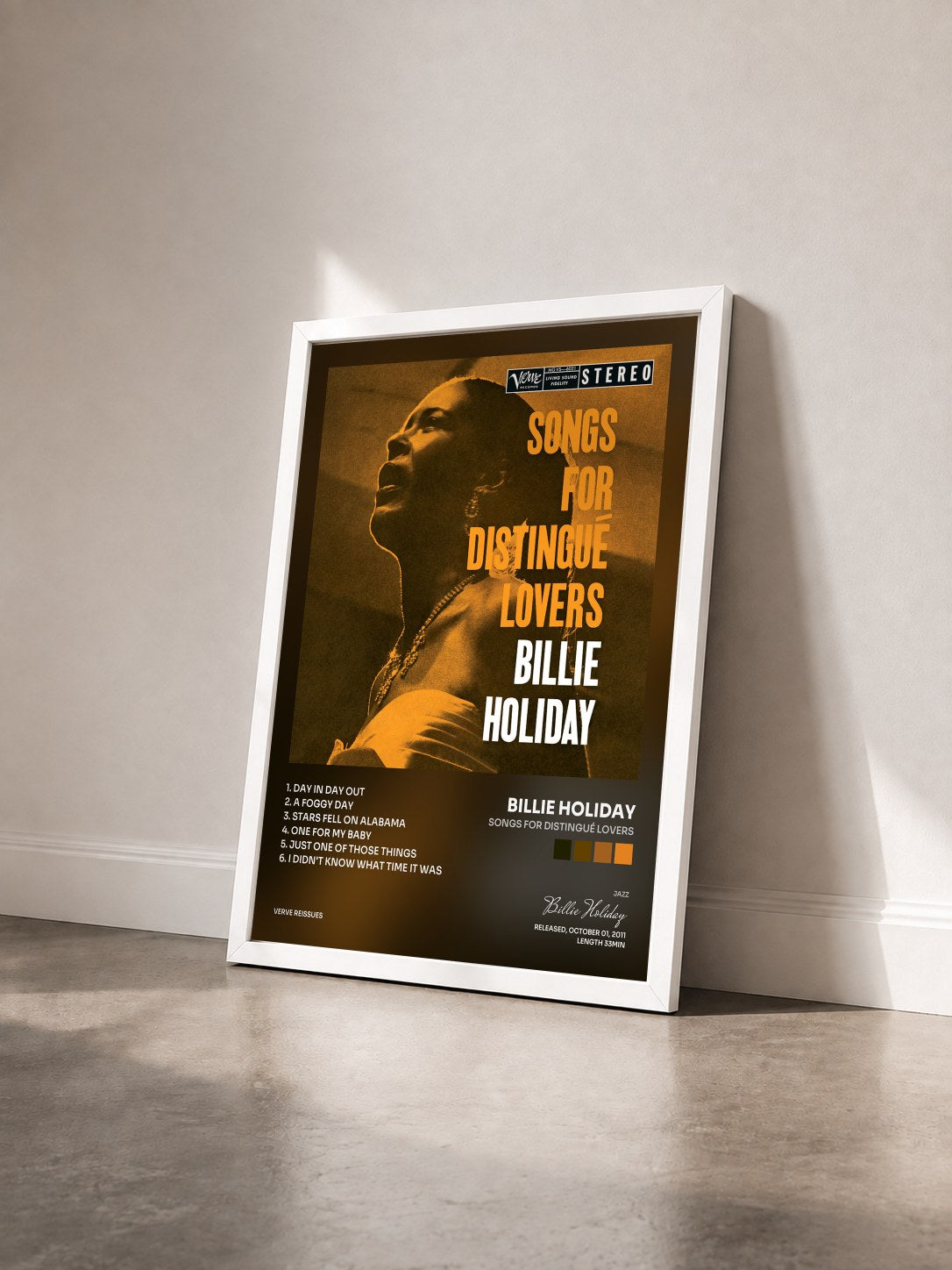 #blanc Tableau de l'album Songs For Distingué Lovers de Billie Holiday vu de trois quarts, cadre blanc