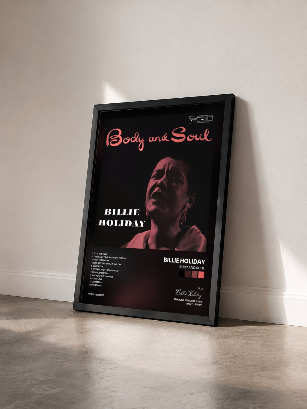 #noir Tableau de l'album Body and Soul de Billie Holiday vu de trois quarts, cadre noir
