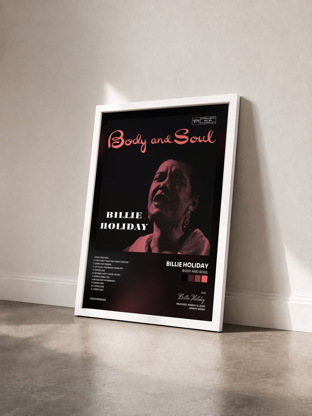 #blanc Tableau de l'album Body and Soul de Billie Holiday vu de trois quarts, cadre blanc