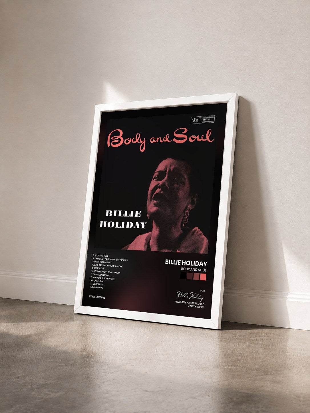#blanc Tableau de l'album Body and Soul de Billie Holiday vu de trois quarts, cadre blanc