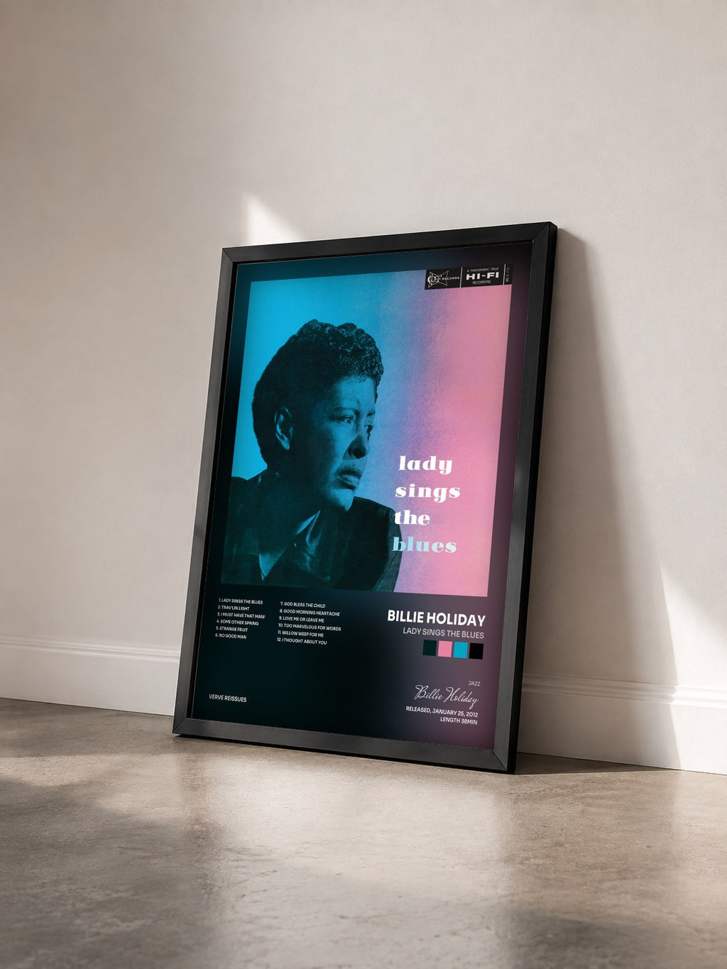 #noir Tableau de l'album Lady Sings The Blues de Billie Holiday vu de trois quarts, cadre noir