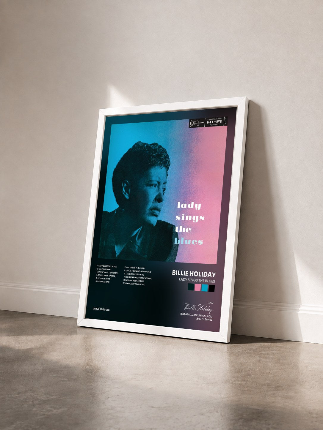#blanc Tableau de l'album Lady Sings The Blues de Billie Holiday vu de trois quarts, cadre blanc