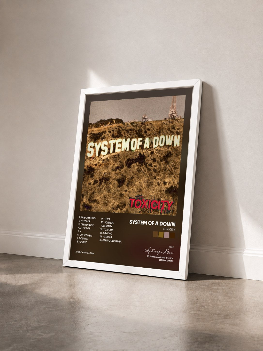 #blanc Tableau de l'album Toxicity de System of a Down vu de trois quarts, cadre blanc
