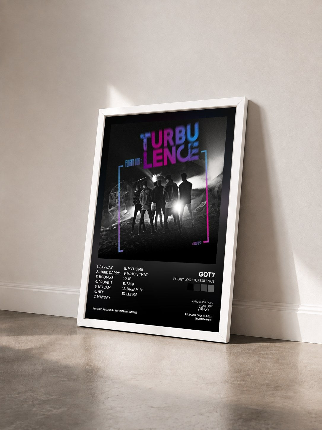 #blanc Tableau de l'album FLIGHT LOG : TURBULENCE de GOT7 vu de trois quarts, cadre blanc