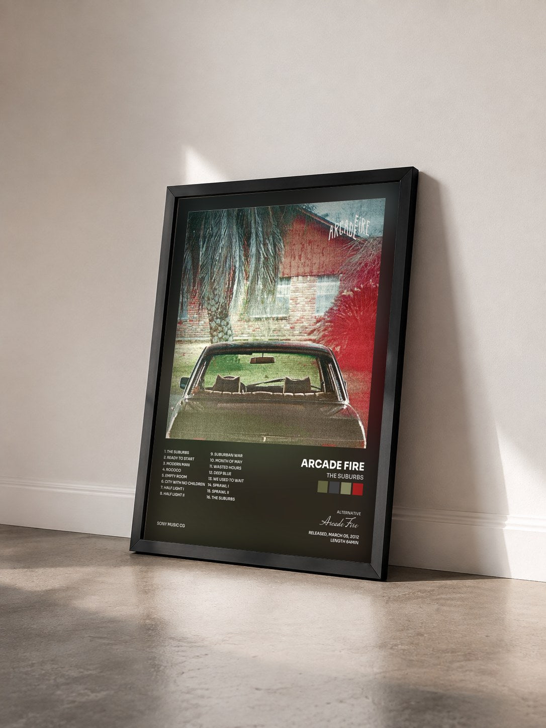 #noir Tableau de l'album The Suburbs de Arcade Fire vu de trois quarts, cadre noir