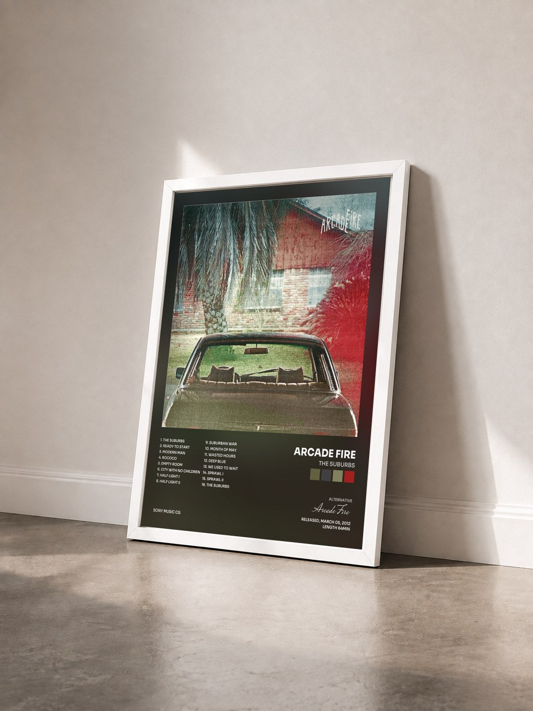 #blanc Tableau de l'album The Suburbs de Arcade Fire vu de trois quarts, cadre blanc