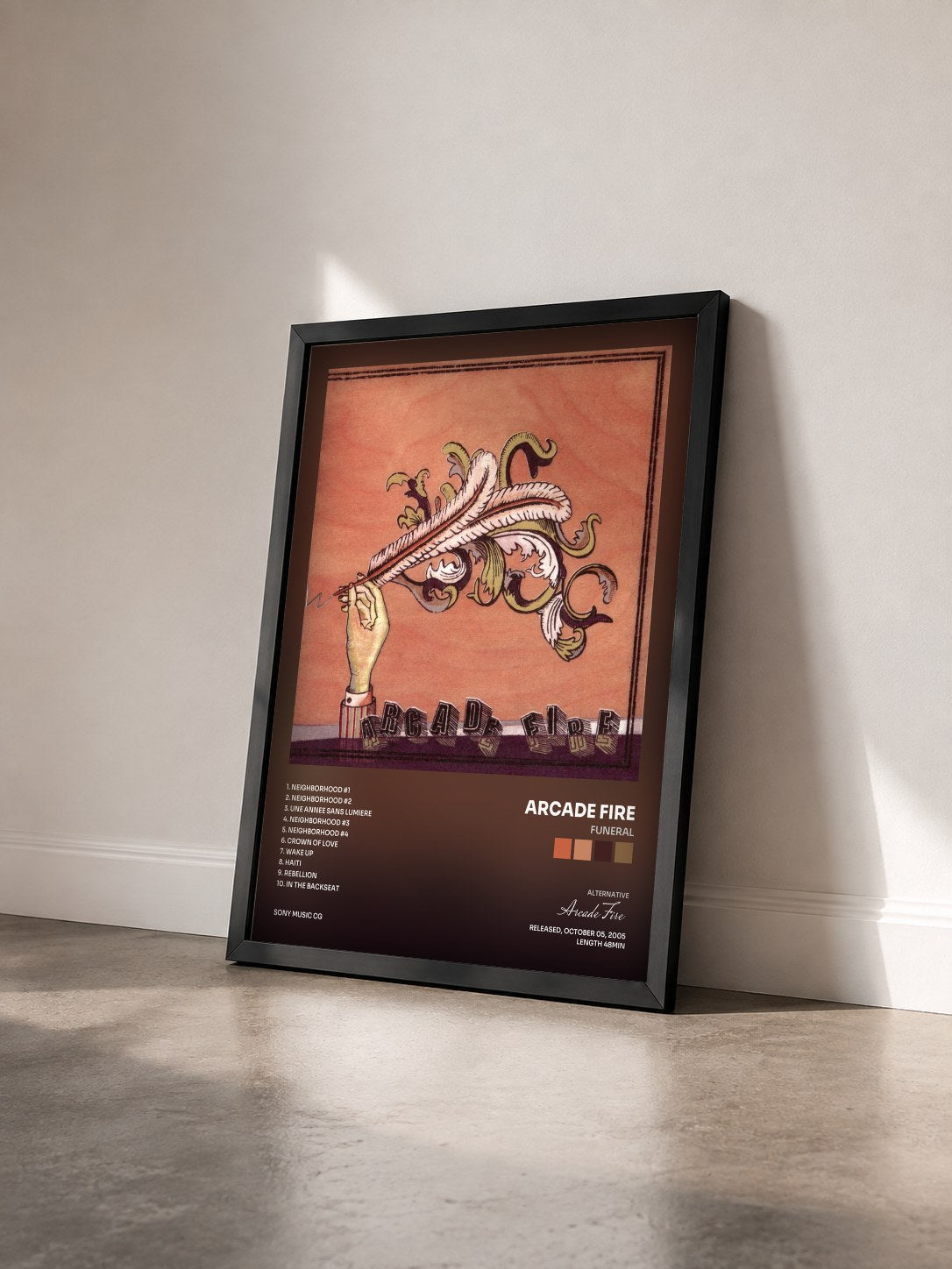 #noir Tableau de l'album Funeral de Arcade Fire vu de trois quarts, cadre noir