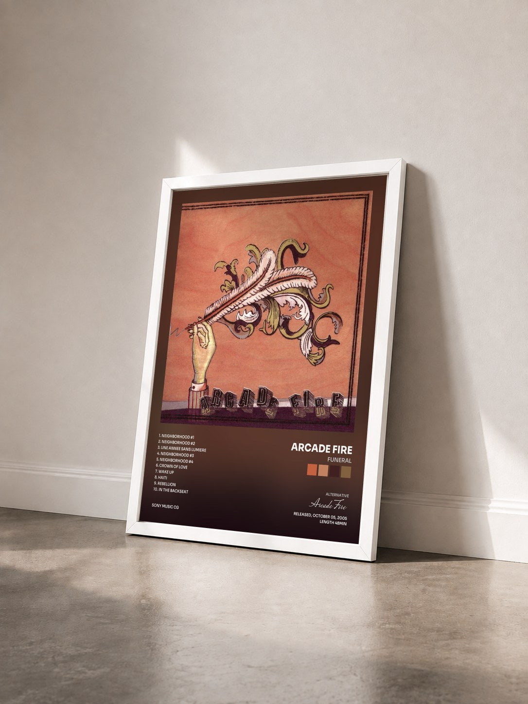#blanc Tableau de l'album Funeral de Arcade Fire vu de trois quarts, cadre blanc