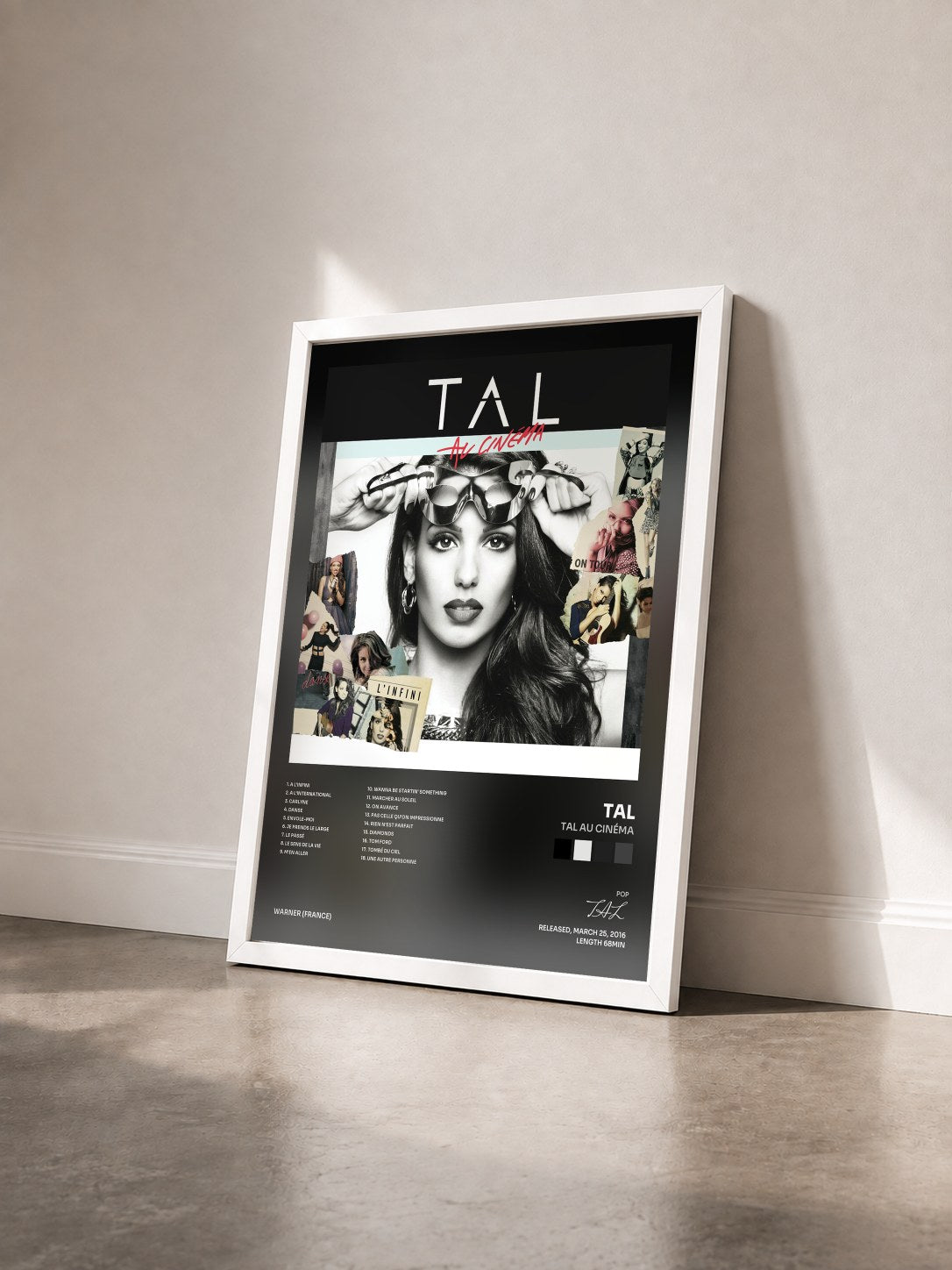 #blanc Tal au cinéma by TAL as a framed art print seen at an angle, white frame
