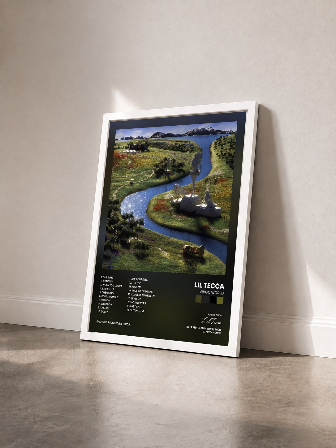 #blanc Tableau de l'album Virgo World de Lil Tecca vu de trois quarts, cadre blanc