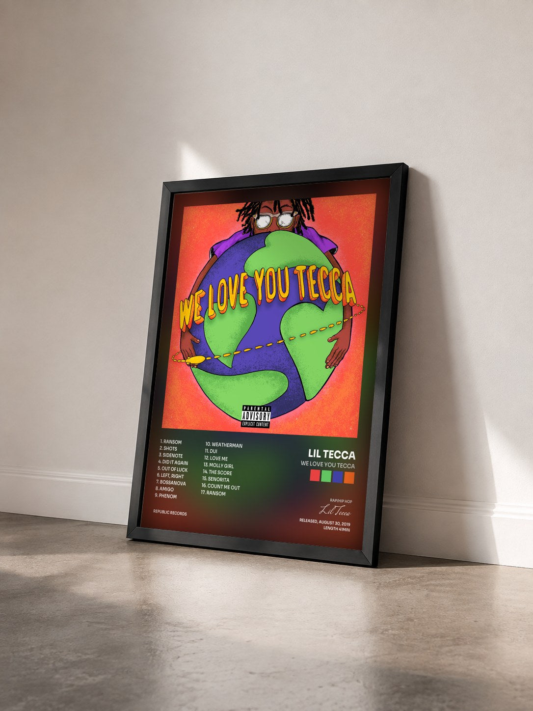 #noir Tableau de l'album We Love You Tecca de Lil Tecca vu de trois quarts, cadre noir