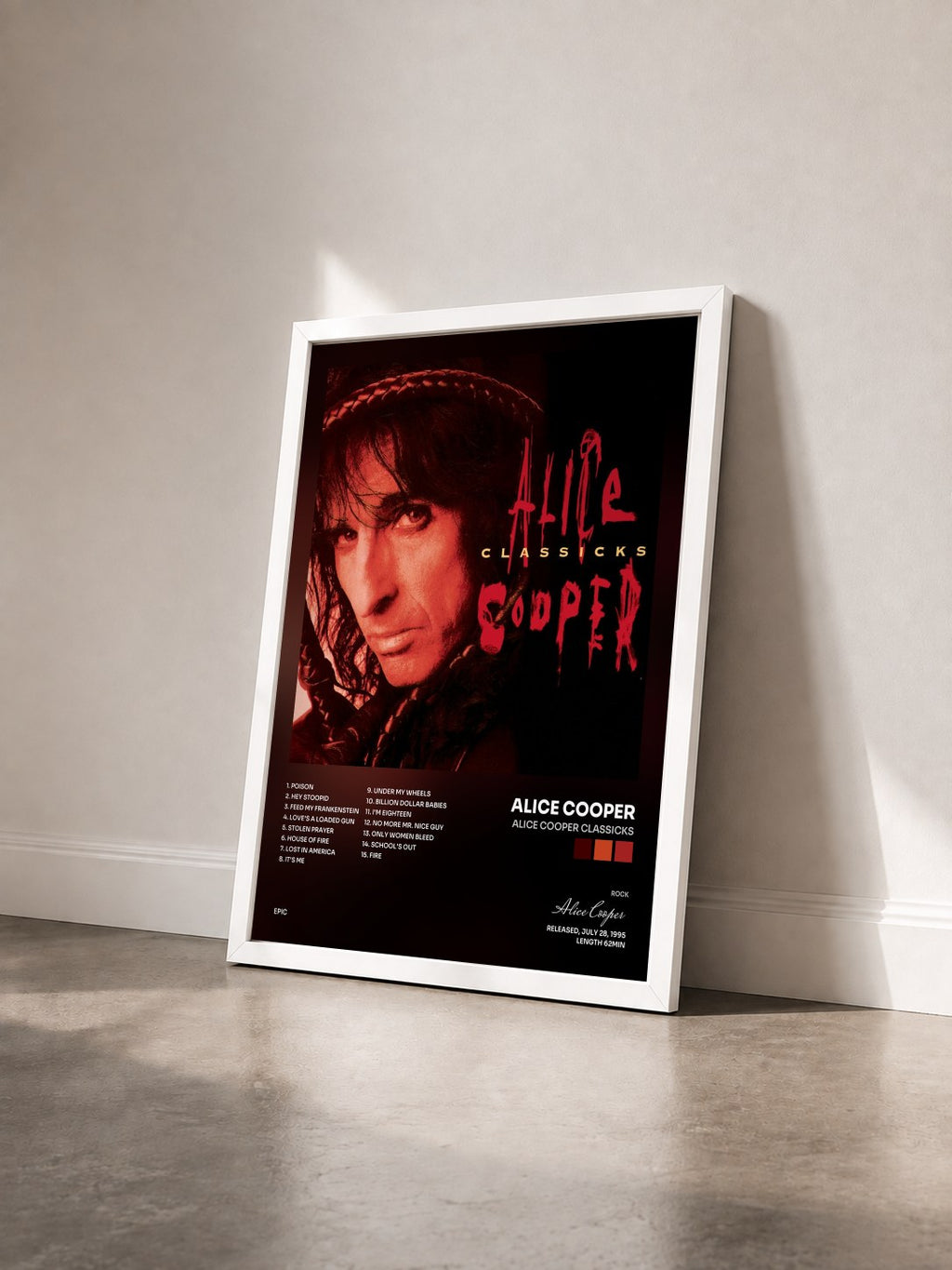 #blanc Alice Cooper Classicks by Alice Cooper as a framed art print seen at an angle, white frame