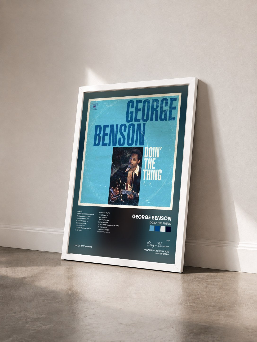 #blanc Tableau de l'album Doin' The Thing de George Benson vu de trois quarts, cadre blanc