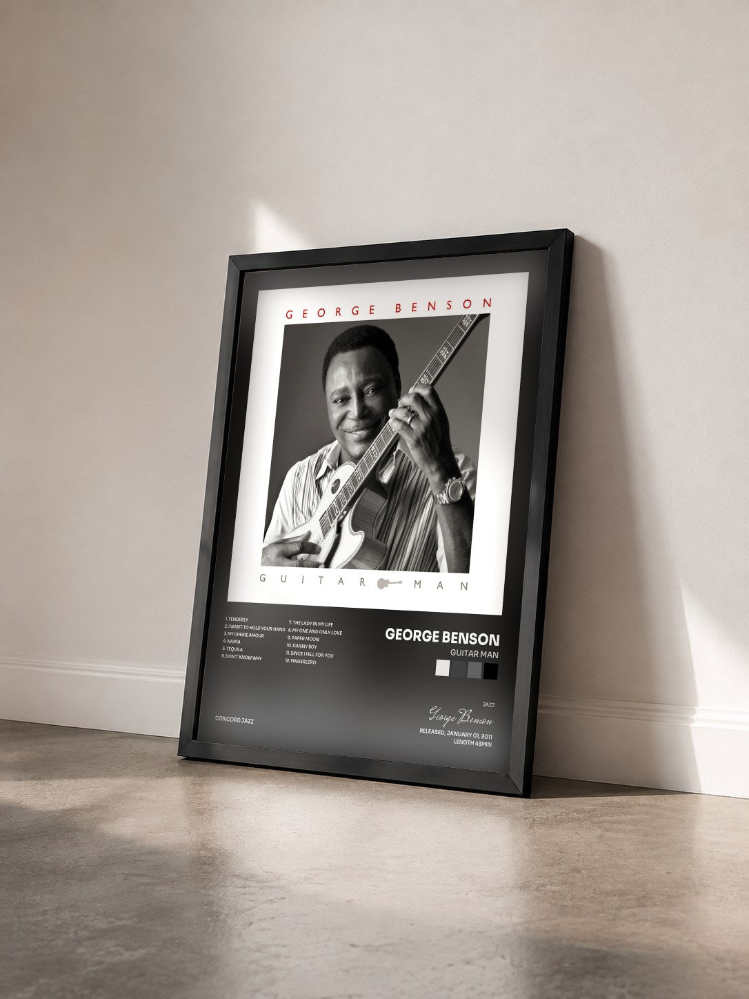 #noir Tableau de l'album Guitar Man de George Benson vu de trois quarts, cadre noir