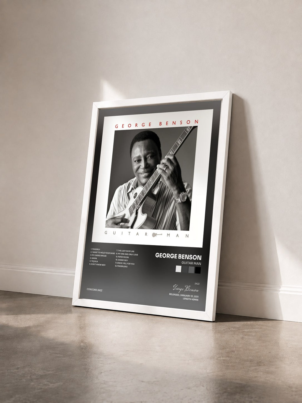 #blanc Guitar Man von George Benson als gerahmter Kunstdruck von schräg gesehen, weißer Rahmen