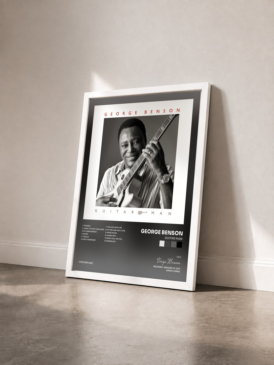 #blanc Tableau de l'album Guitar Man de George Benson vu de trois quarts, cadre blanc