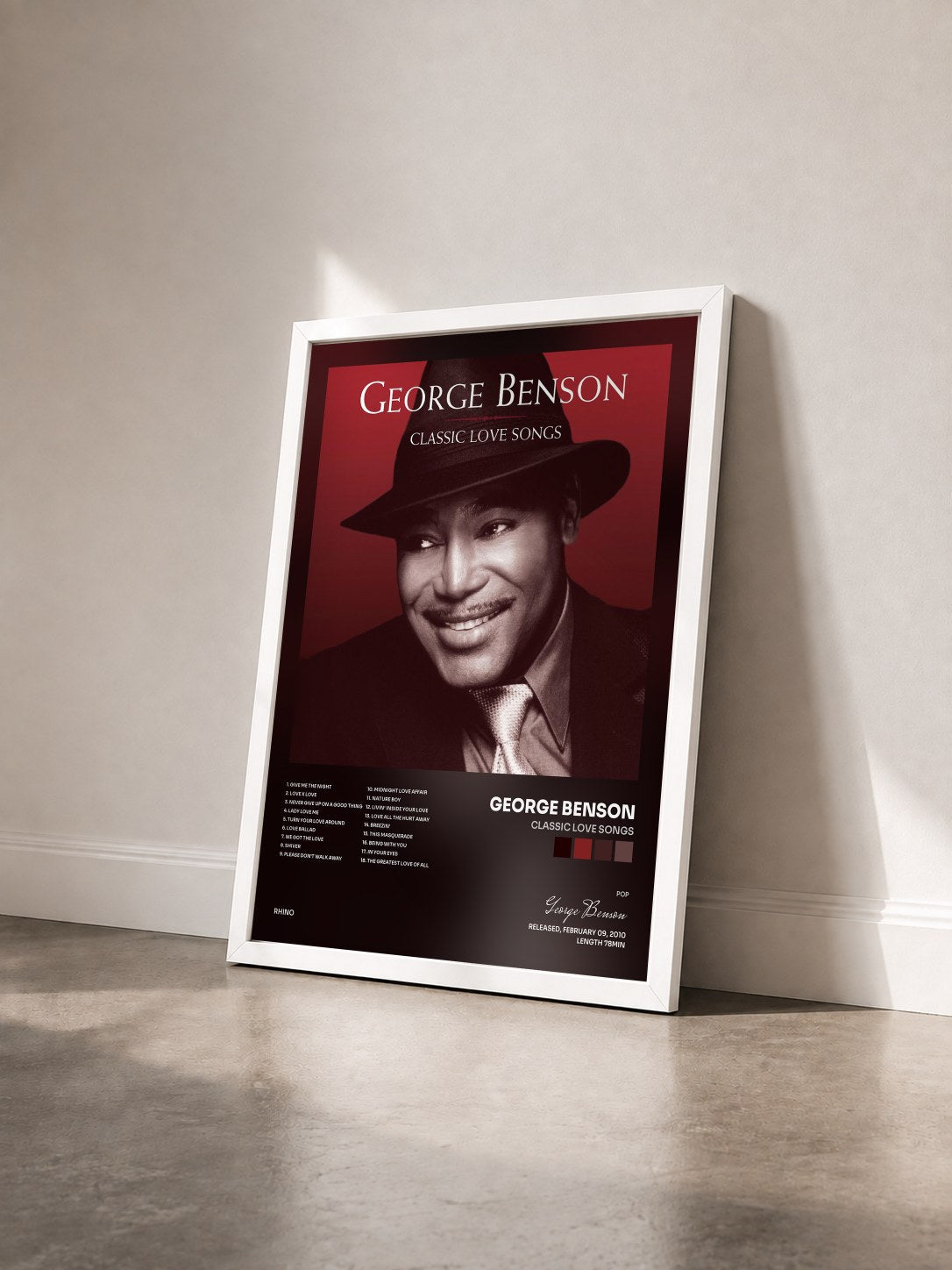 #blanc Tableau de l'album Classic Love Songs de George Benson vu de trois quarts, cadre blanc