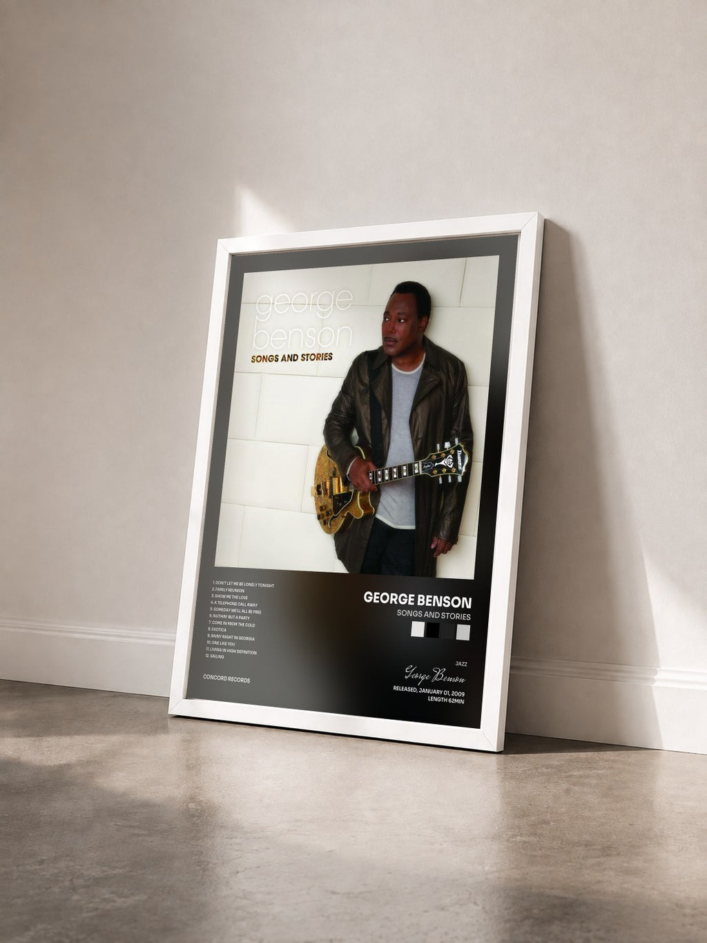 #blanc Songs and Stories di George Benson in stampa incorniciata vista di tre quarti, cornice bianca