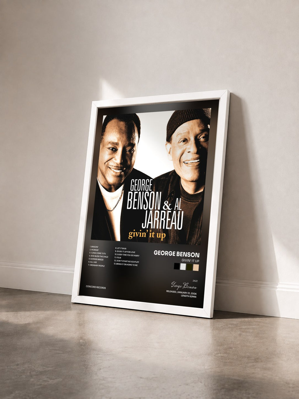 #blanc Tableau de l'album Givin' It Up de George Benson vu de trois quarts, cadre blanc