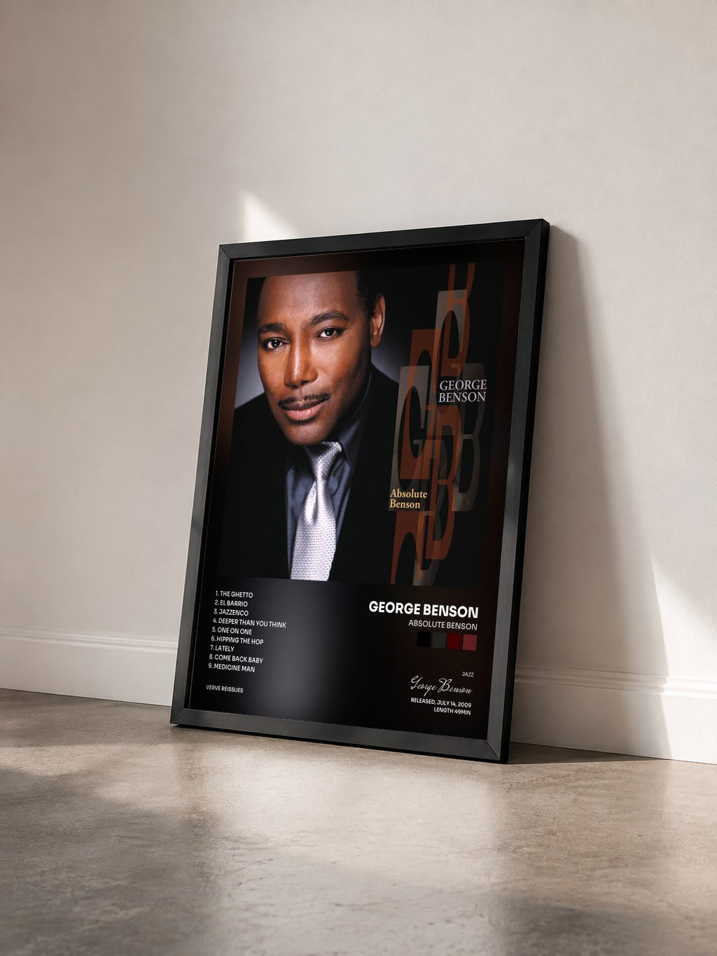 #noir Tableau de l'album Absolute Benson de George Benson vu de trois quarts, cadre noir