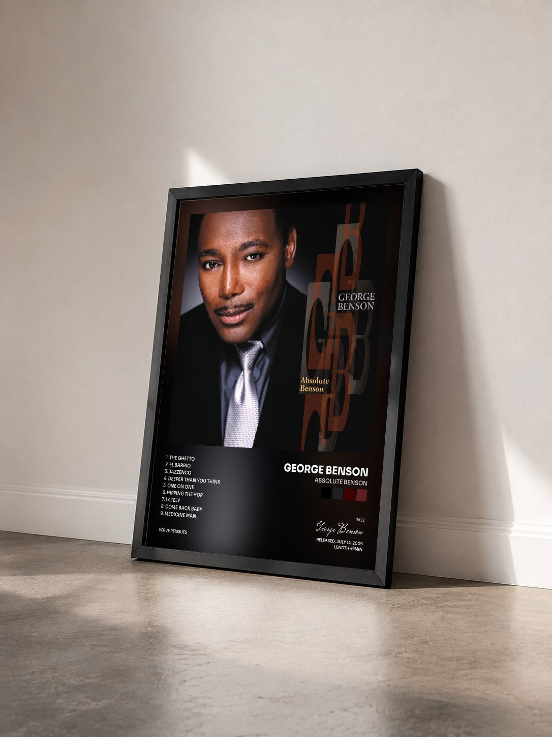 #noir Tableau de l'album Absolute Benson de George Benson vu de trois quarts, cadre noir
