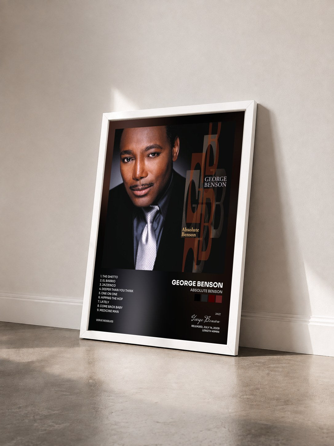 #blanc Tableau de l'album Absolute Benson de George Benson vu de trois quarts, cadre blanc