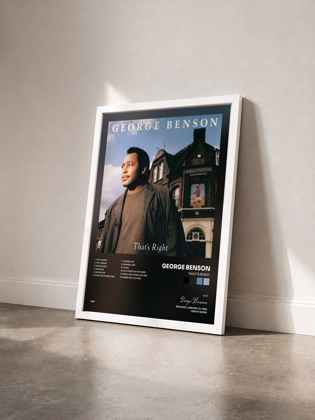 #blanc Tableau de l'album That's Right de George Benson vu de trois quarts, cadre blanc