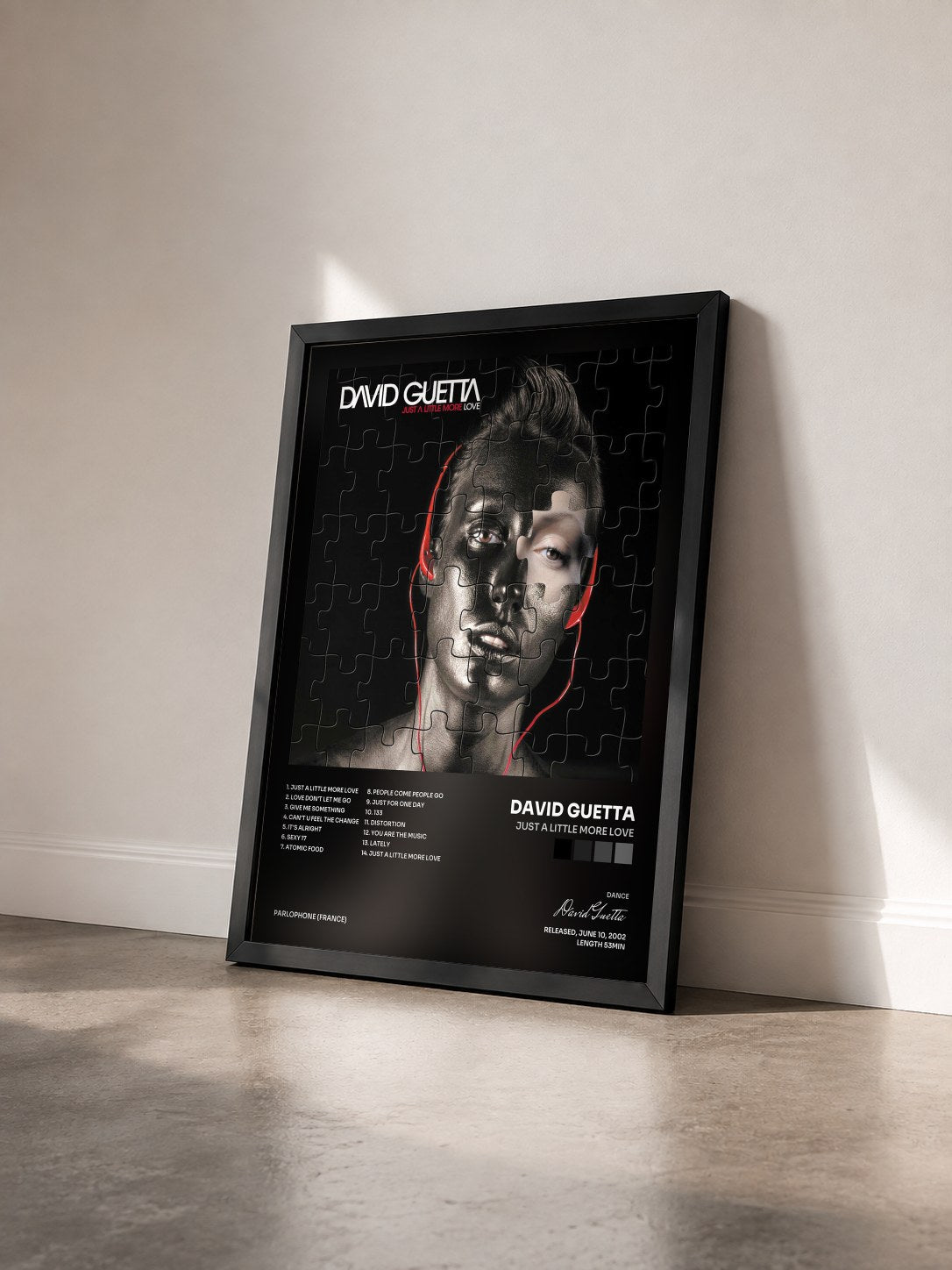 #noir Tableau de l'album Just a Little More Love de David Guetta vu de trois quarts, cadre noir