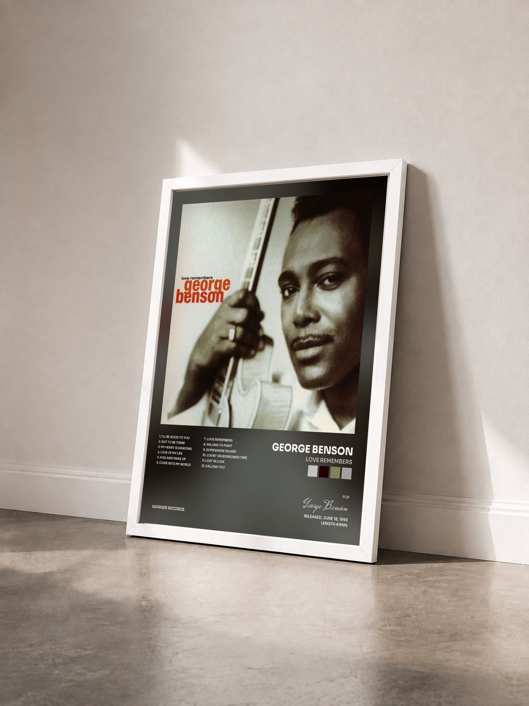 #blanc Tableau de l'album Love Remembers de George Benson vu de trois quarts, cadre blanc