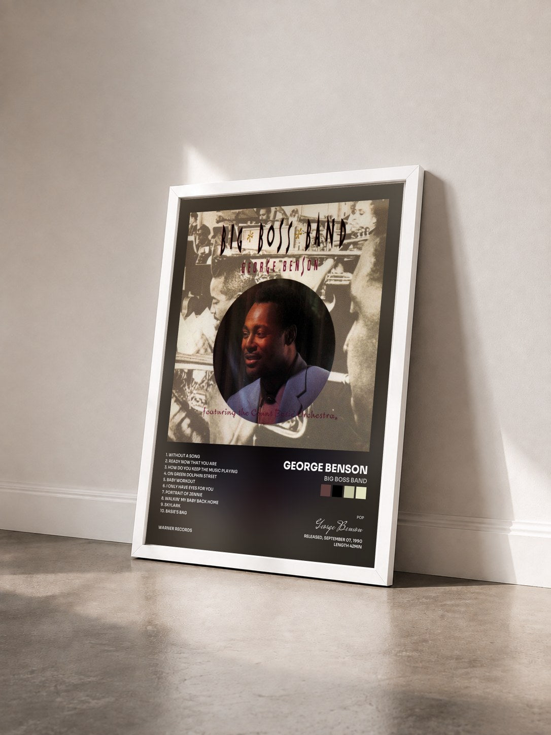 #blanc Tableau de l'album Big Boss Band de George Benson vu de trois quarts, cadre blanc