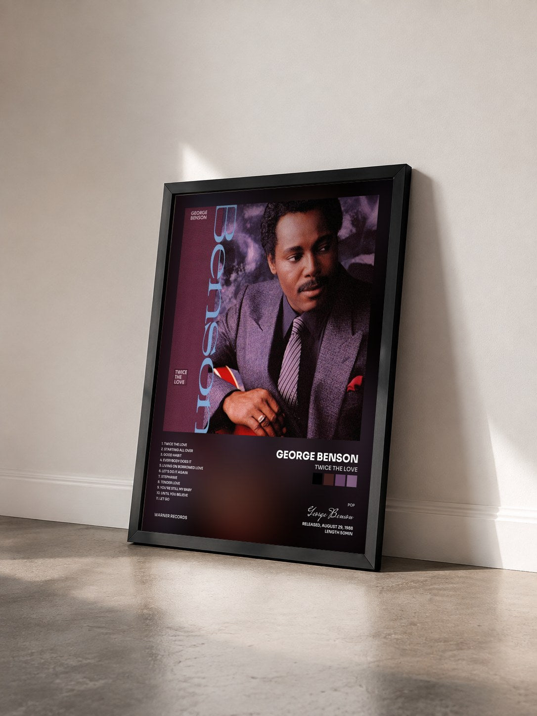 #noir Twice the Love by George Benson as a framed art print seen at an angle, black frame