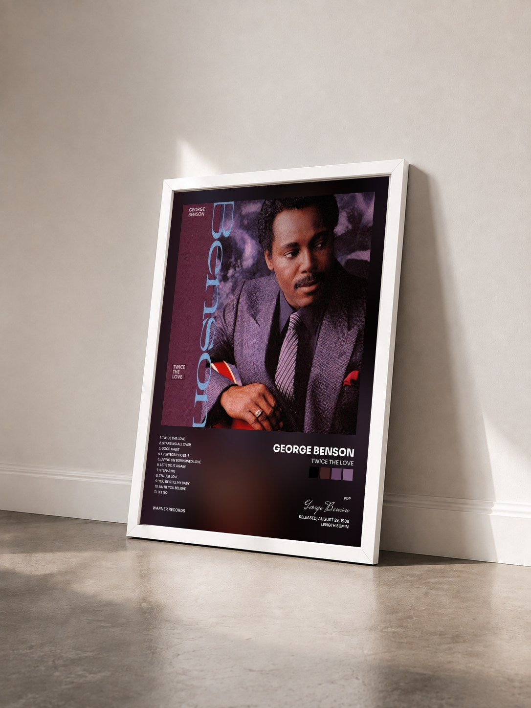 #blanc Twice the Love by George Benson as a framed art print seen at an angle, white frame