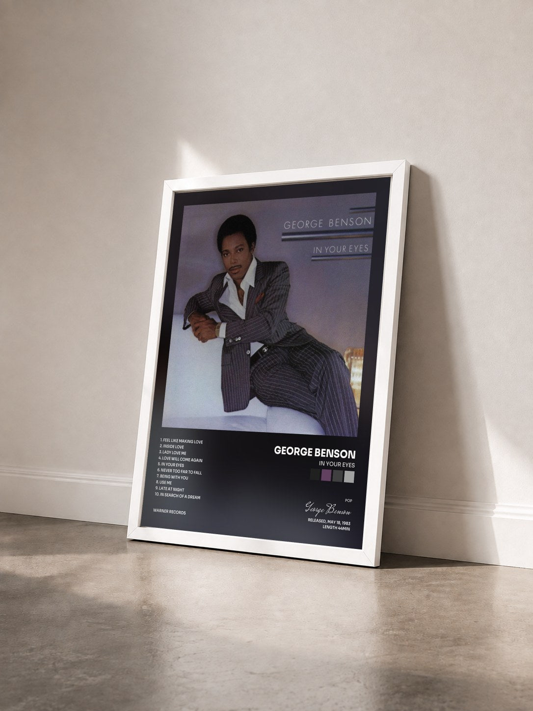 #blanc In Your Eyes by George Benson as a framed art print seen at an angle, white frame