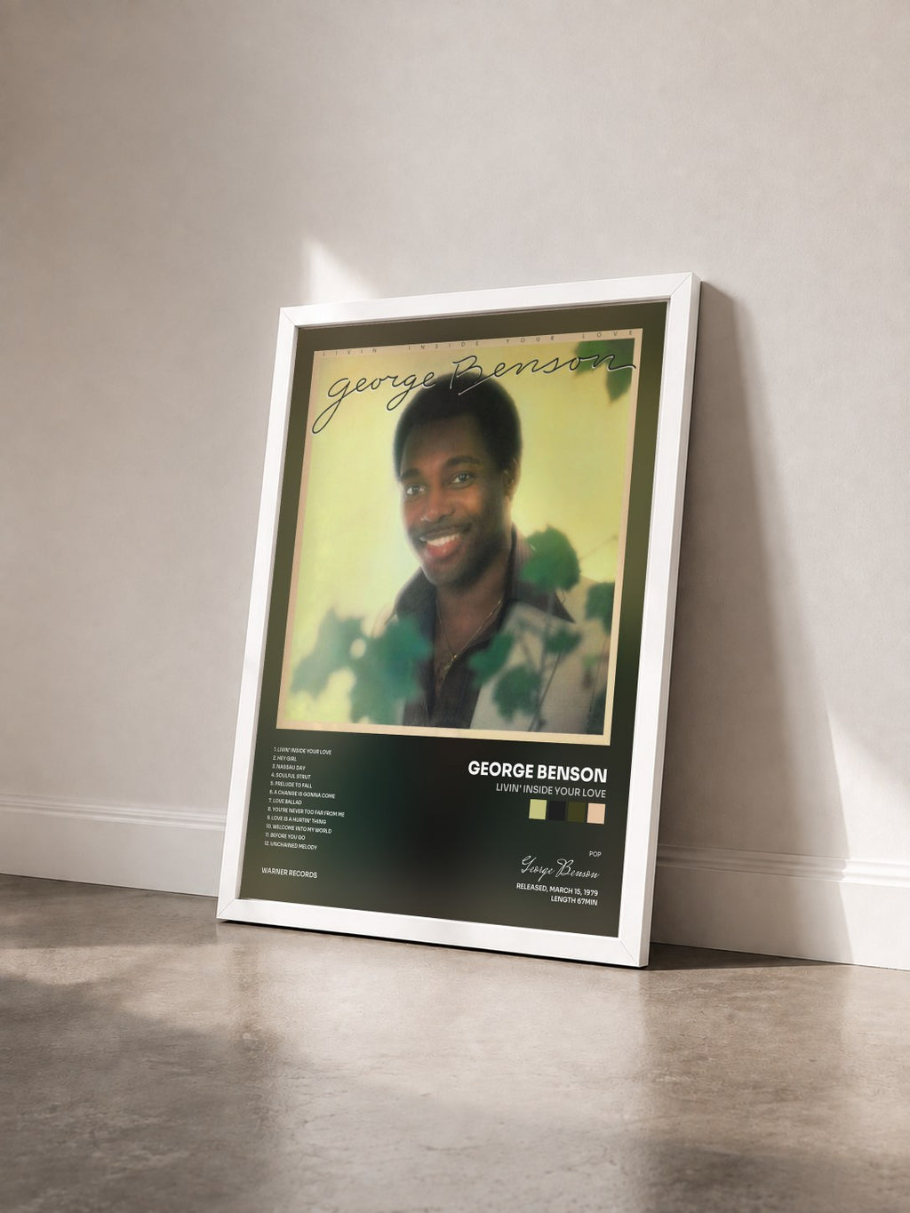 #blanc Livin' Inside Your Love di George Benson in stampa incorniciata vista di tre quarti, cornice bianca