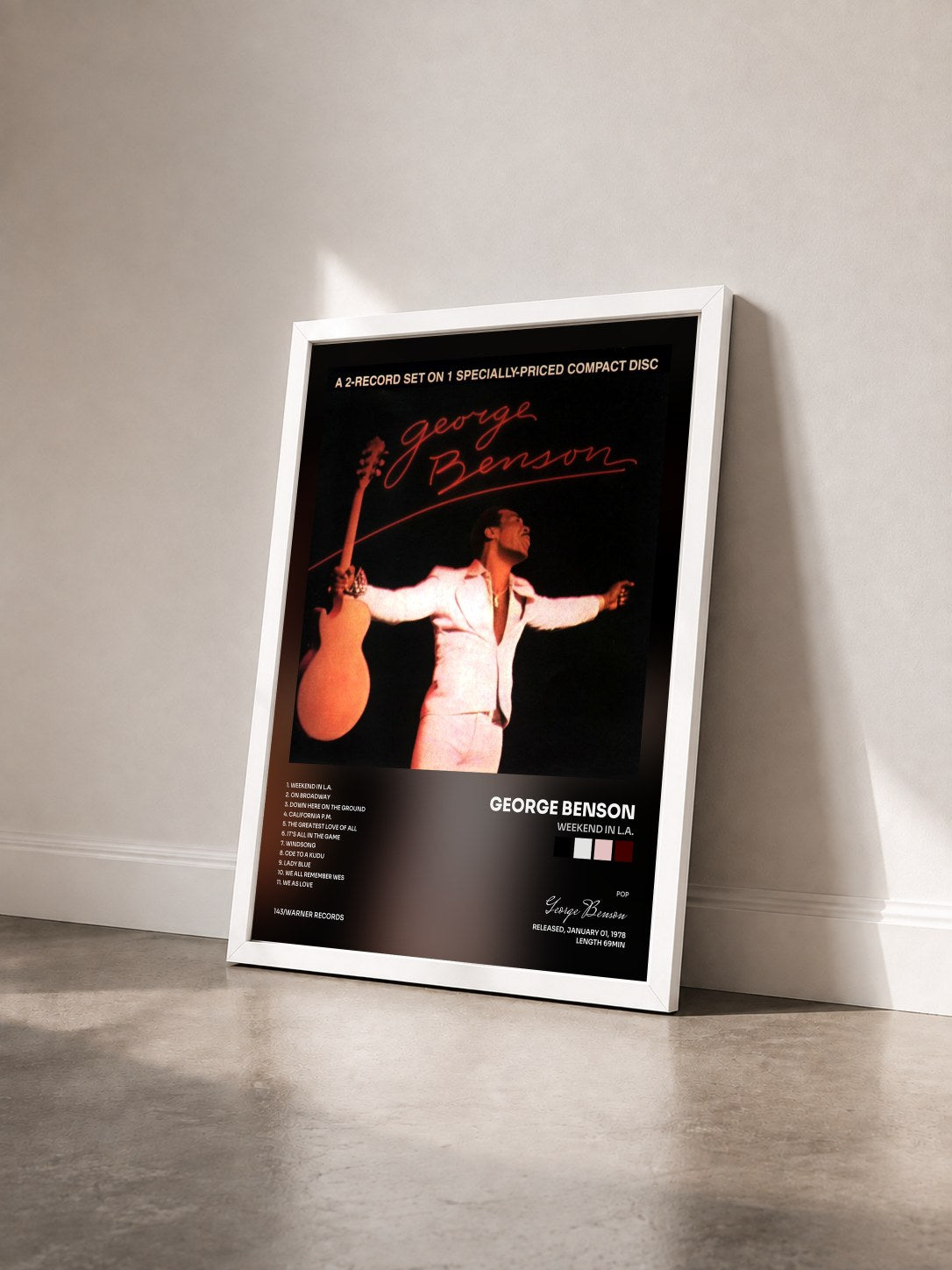 #blanc Weekend in L.A. by George Benson as a framed art print seen at an angle, white frame