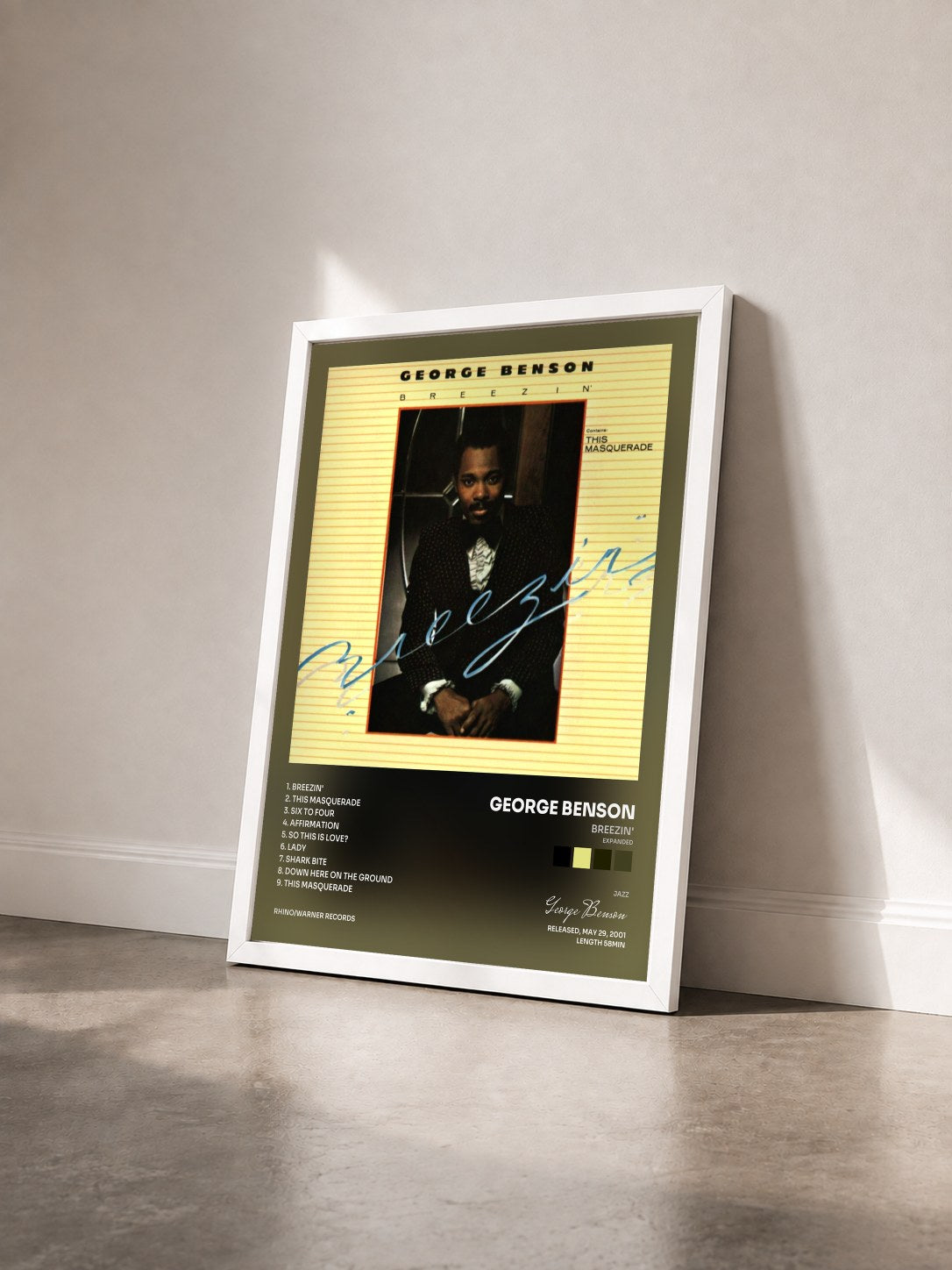 #blanc Tableau de l'album Breezin' (Expanded) de George Benson vu de trois quarts, cadre blanc