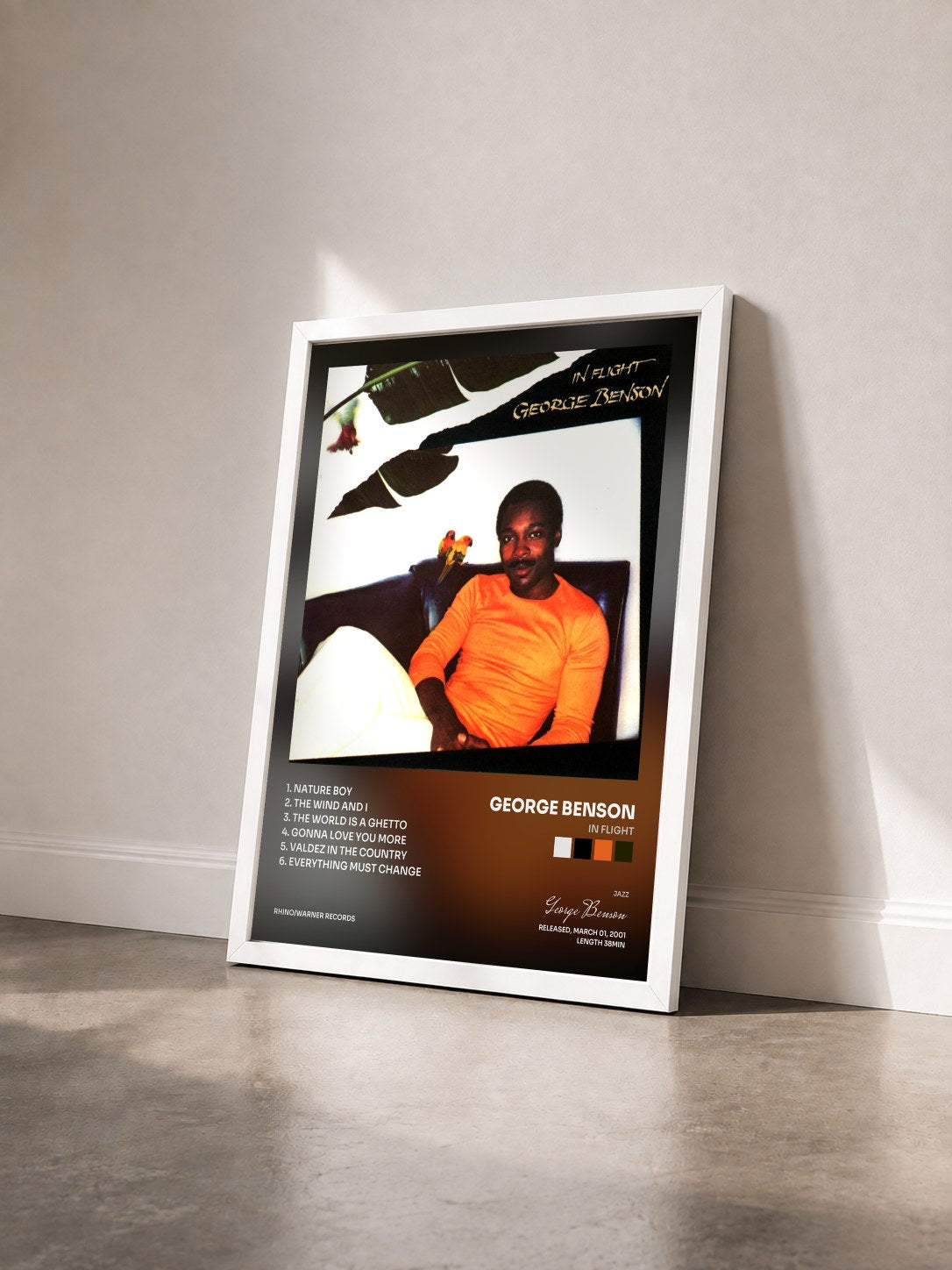 #blanc Tableau de l'album In Flight de George Benson vu de trois quarts, cadre blanc