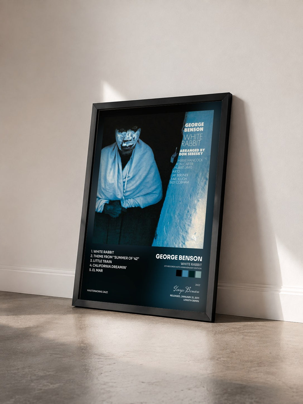 #noir White Rabbit (CTI Records 40th Anniversary Edition) de George Benson en lámina enmarcada vista de tres cuartos, marco negro