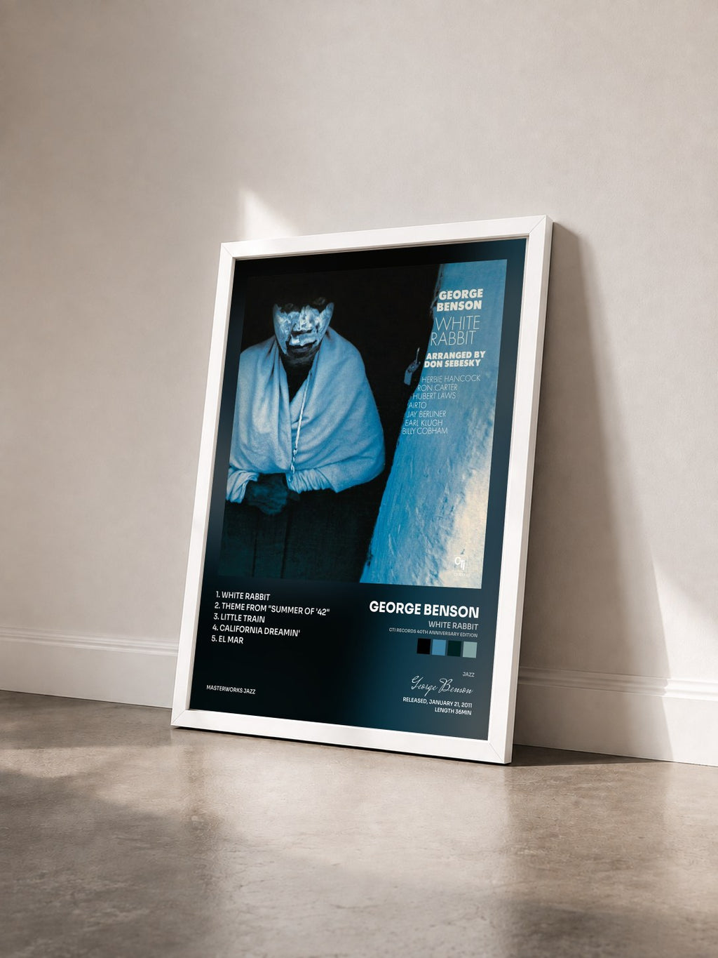 #blanc White Rabbit (CTI Records 40th Anniversary Edition) de George Benson en lámina enmarcada vista de tres cuartos, marco blanco