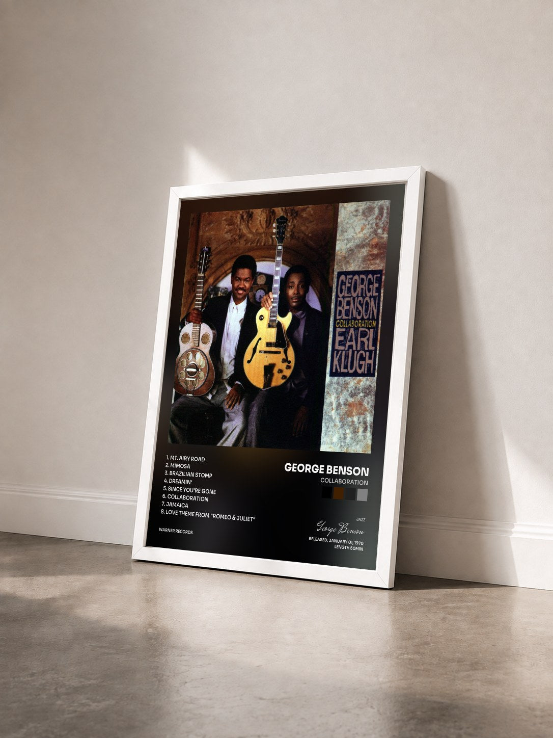 #blanc Collaboration by George Benson as a framed art print seen at an angle, white frame