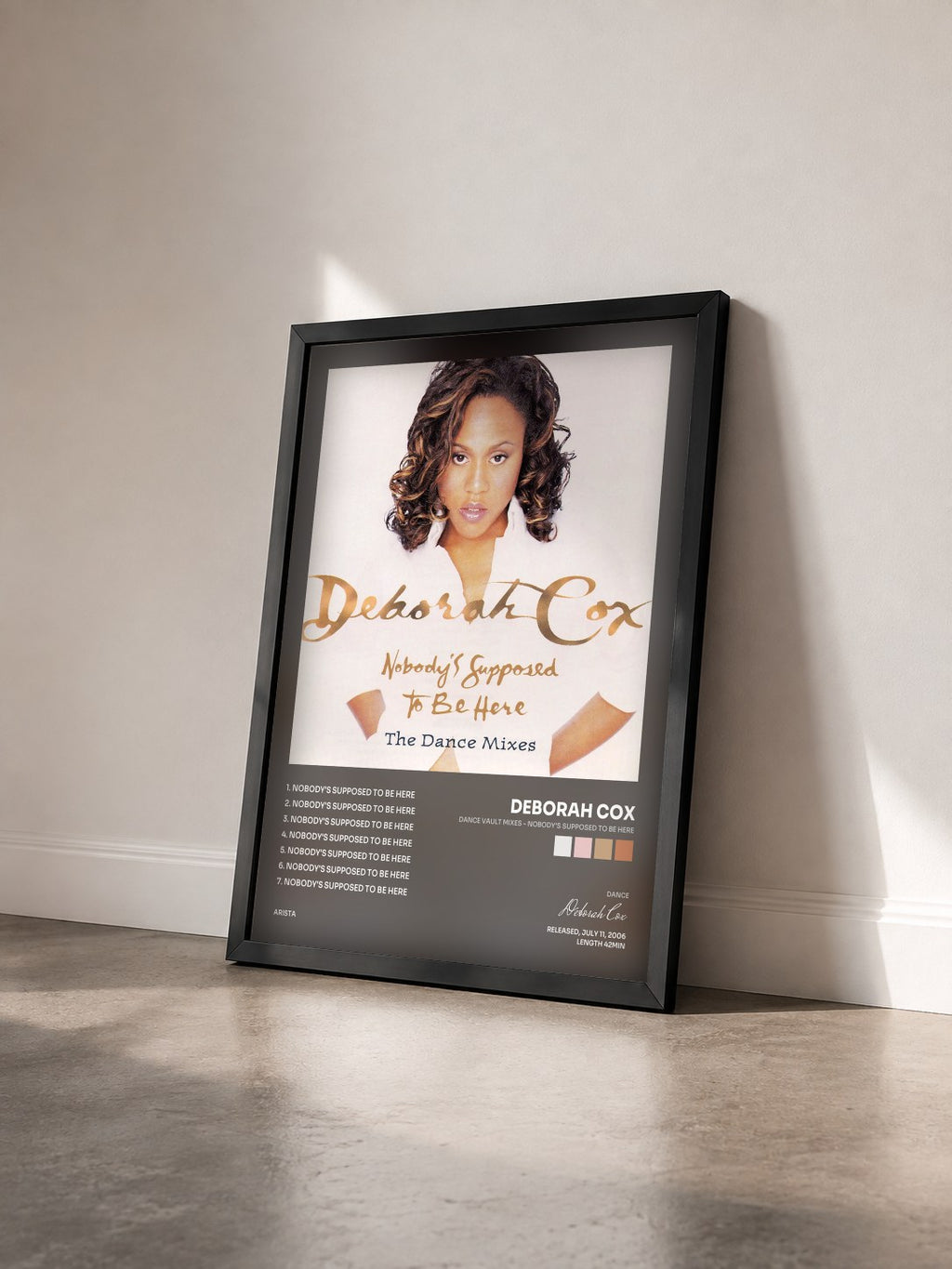 #noir Tableau de l'album Dance Vault Mixes - Nobody's Supposed To Be Here de Deborah Cox vu de trois quarts, cadre noir