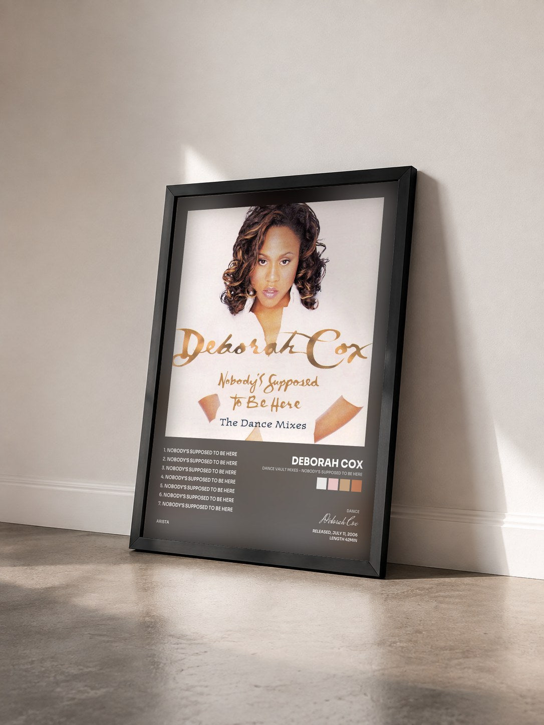 #noir Tableau de l'album Dance Vault Mixes - Nobody's Supposed To Be Here de Deborah Cox vu de trois quarts, cadre noir